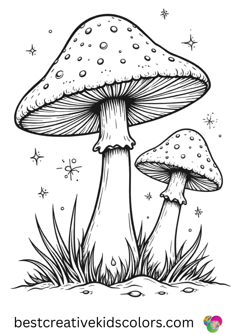 Easy trippy mushroom coloring pages free show mushrooms with tiny hovering fire sparks nearby.