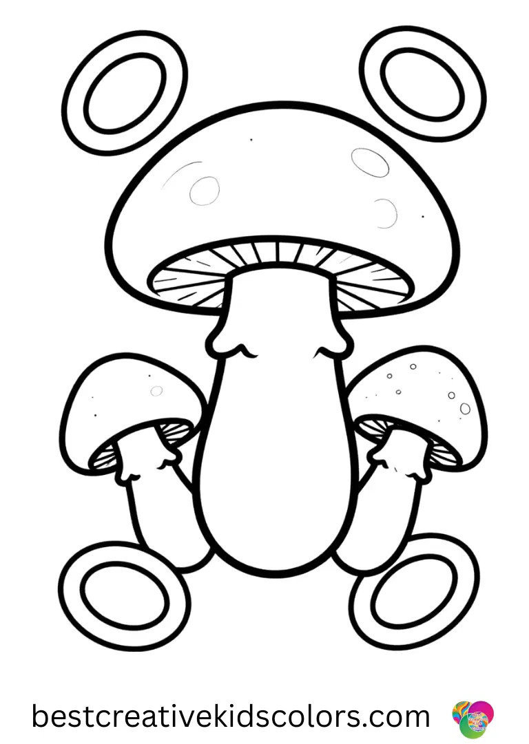 Easy trippy mushroom coloring pages printable feature mushrooms floating through rainbow-colored rings.