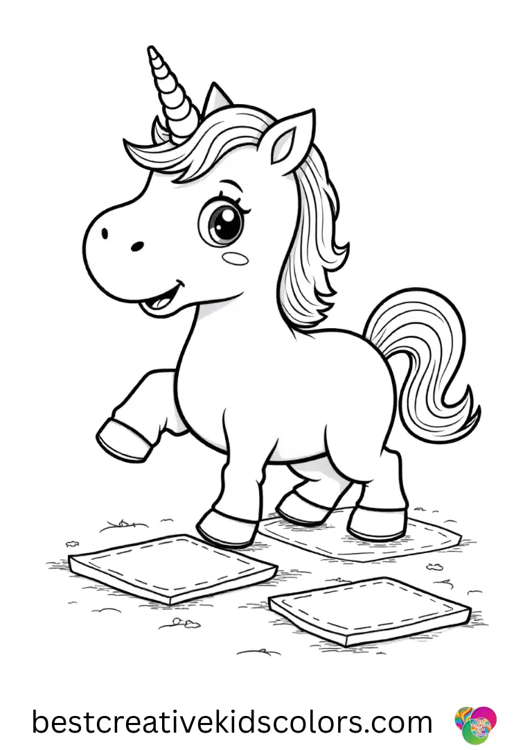 A cheerful unicorn plays hopscotch on rainbow tiles in this easy unicorn coloring page free printable.