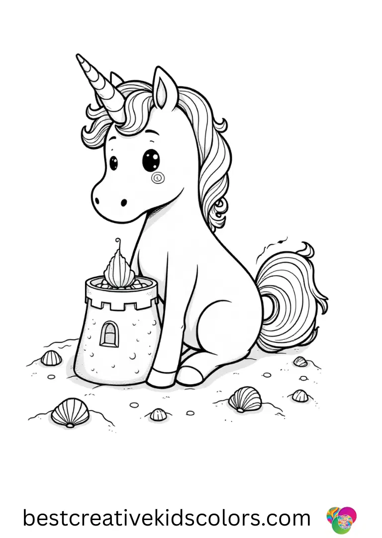 A unicorn builds a sandcastle with tiny rainbow shells in these easy unicorn colouring pages printable.