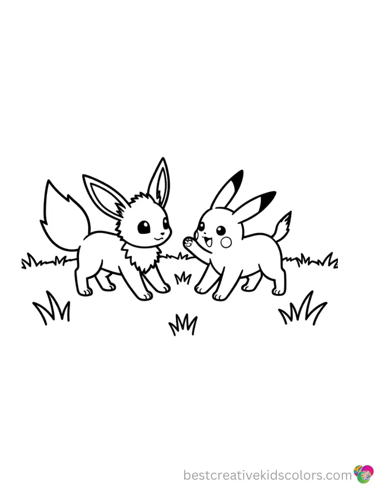A wild Eevee plays with Pikachu across a wide grassy plain in the lovely Eevee pikachu coloring pages.