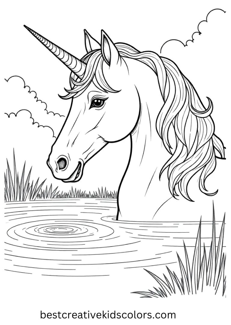 A realistic unicorn drinks from a sparkling lake — clean lines make this unicorn coloring page perfect for mindful coloring.