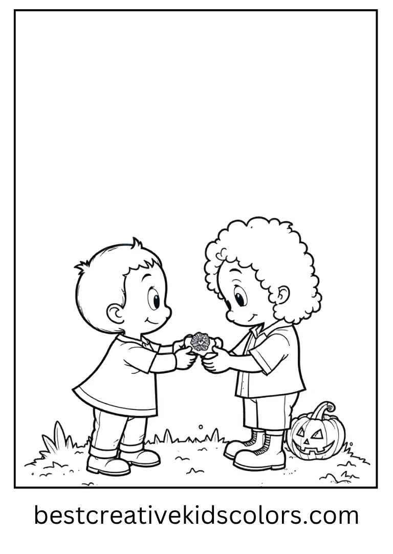 Eleven and Mike Candy Hunt Coloring Page They share treats beside a glowing jack-o’-lantern.