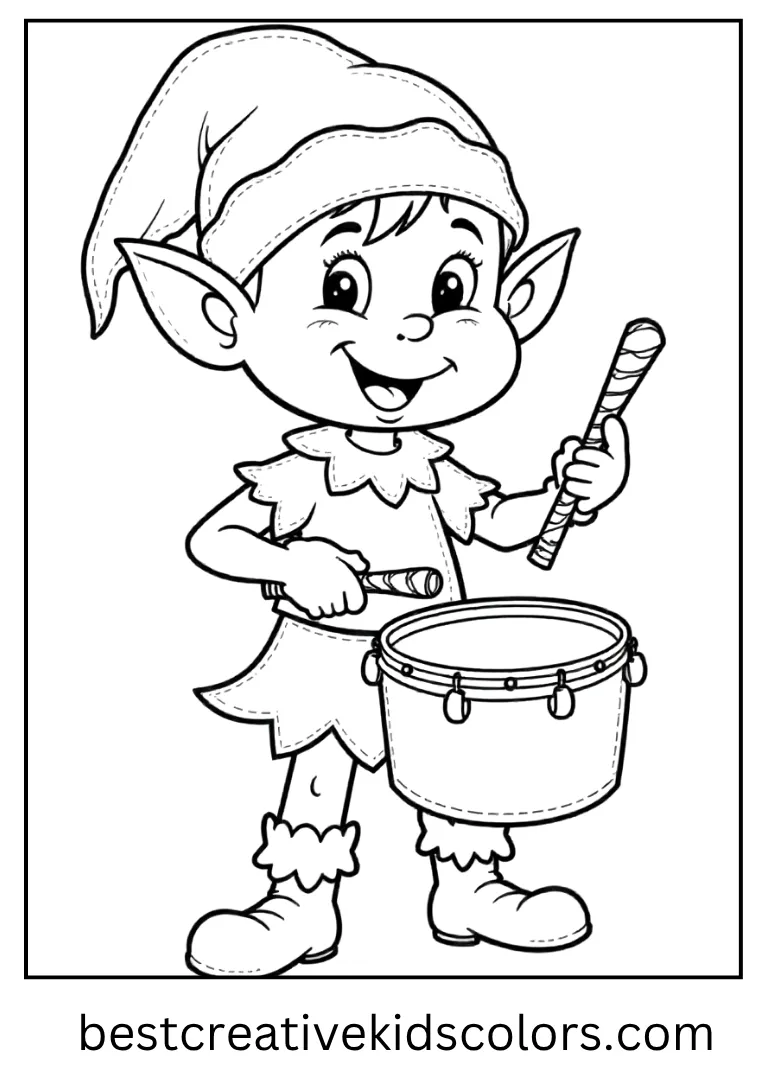 Elf Playing Drum Coloring Sheet Outline A happy elf beats a drum with candy-striped sticks.