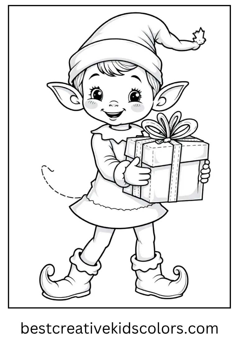 Elf Preparing Gifts Coloring Sheet A cheerful Christmas elf carrying presents and toys.