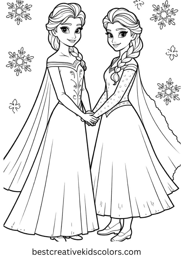 Elsa & Anna Magical Snowflakes Coloring Sheet Color sparkling snowflakes with Elsa and Anna in creative Disney Frozen Coloring Pages.