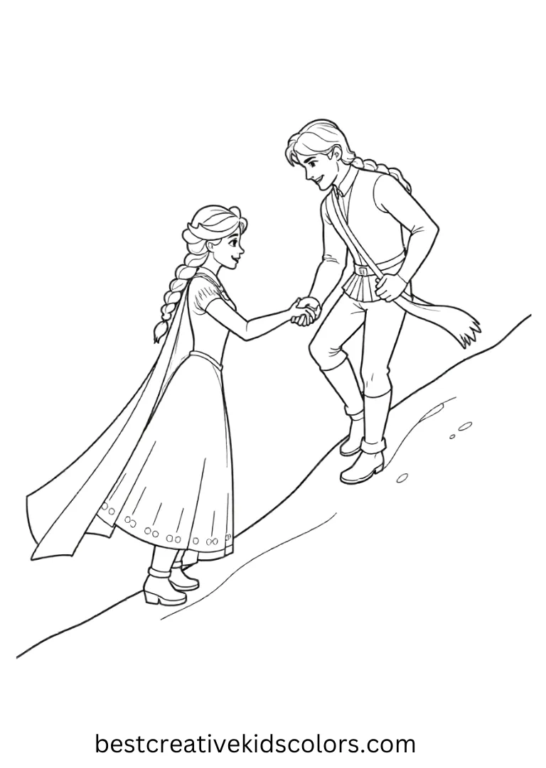 Elsa offers her hand while Kristoff climbs a small snowy hill.