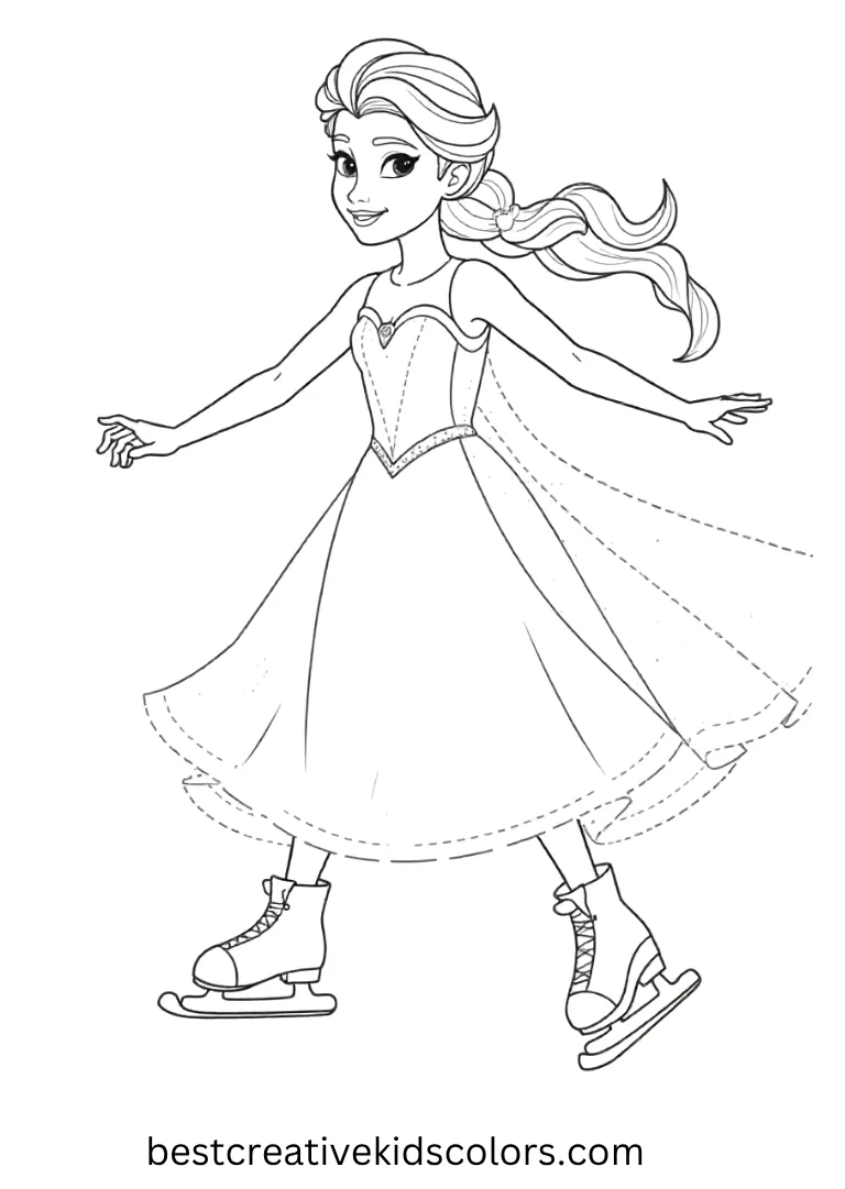 Elsa Ice Skating Fun Disney Coloring Page Glide with Elsa on sparkling ice using playful Disney Frozen Coloring Pages for kids.
