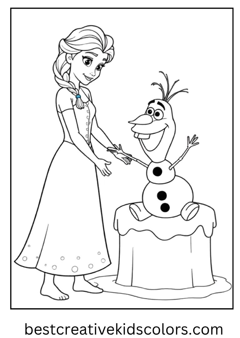 Olaf sits proudly on a small ice chair Elsa created for him.