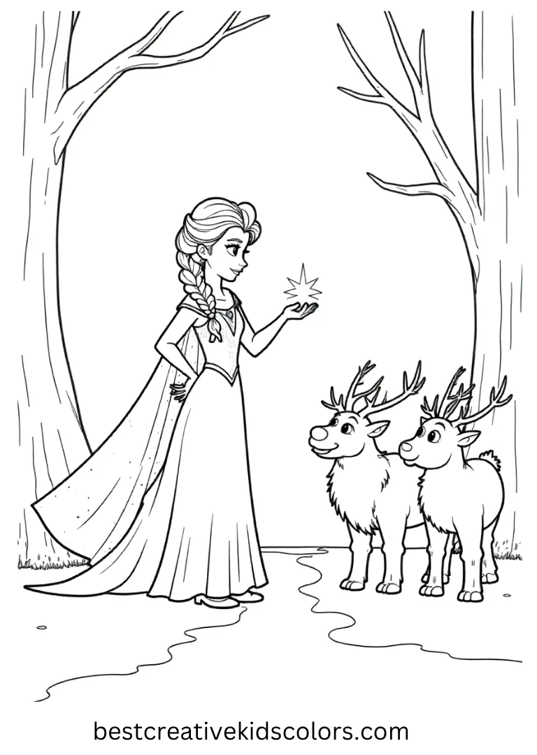 Elsa creates a small glowing path while Kristoff and Sven watch.