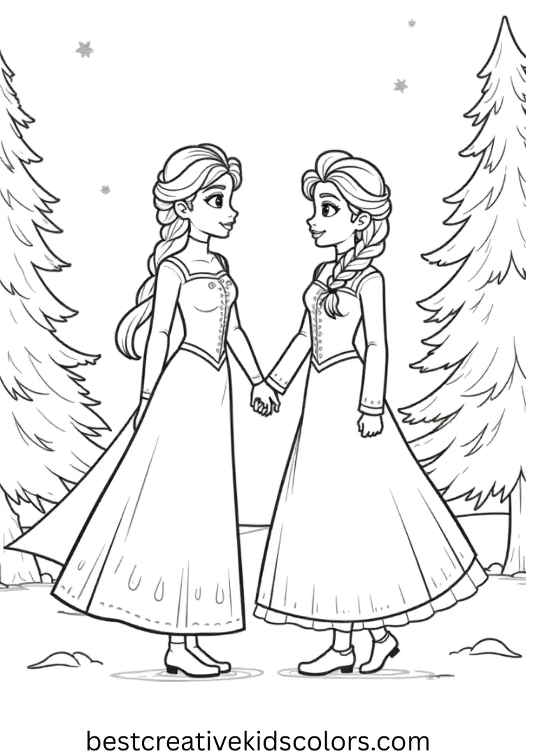 Elsa and Anna Coloring pages Have fun with Elsa and anna coloring pages free, featuring joyful snow-filled adventures.