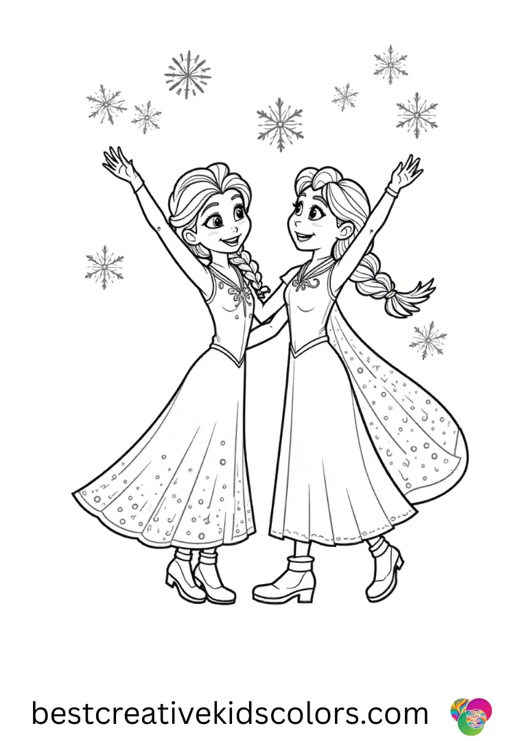 Elsa and Anna colouring picture Bring Elsa and Anna to life as they toss snowflakes in bright outdoor spaces.