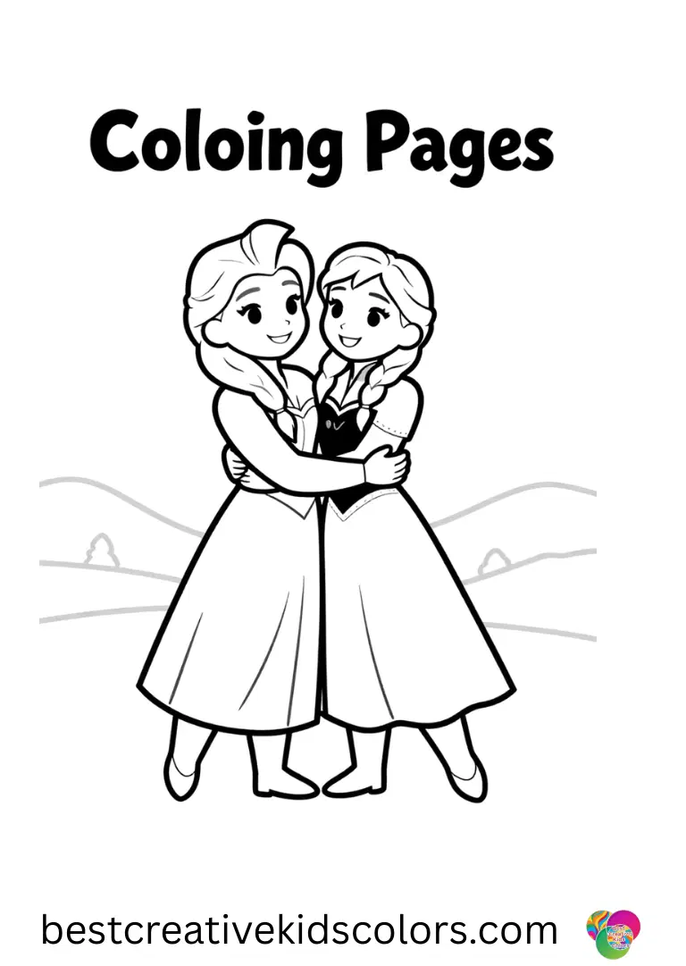 Elsa and Anna hugging Coloring Pages Color Elsa and Anna sharing a warm, cheerful hug in open snowy backgrounds.