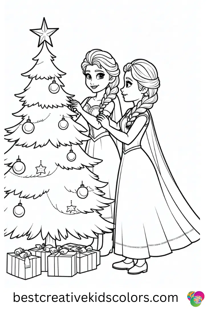 Elsa and anna print out christmas Color Elsa and Anna decorating a festive tree on clear, joyful sheets.