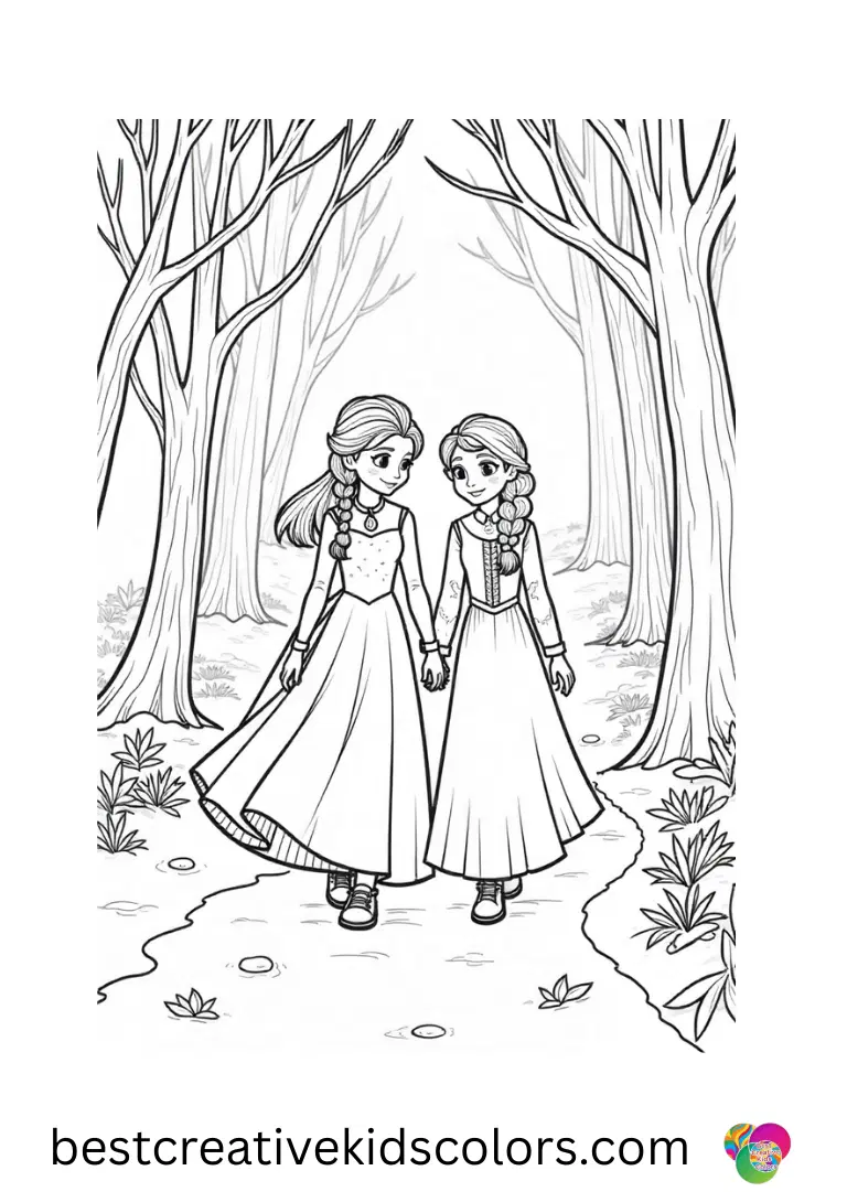 Elsa and anna print out frozen 2 Print pages of Elsa and Anna wandering magical forest paths in winter.