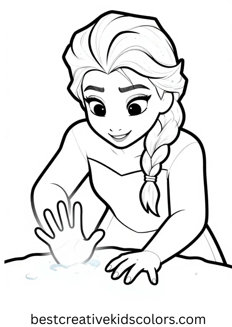 Elsa coloring pages Frozen 2 show Elsa pressing glowing handprints into fresh snow beneath open skies