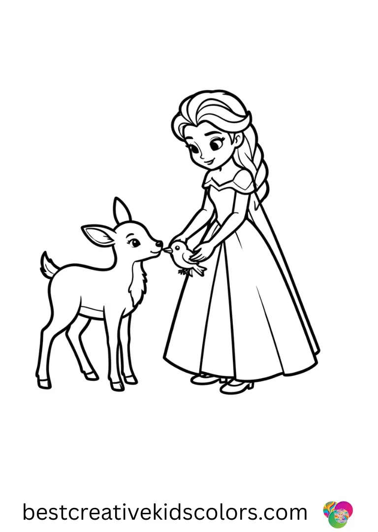 Elsa coloring sheet printable animals Color Elsa interacting with snowy forest animals on clear, playful pages.