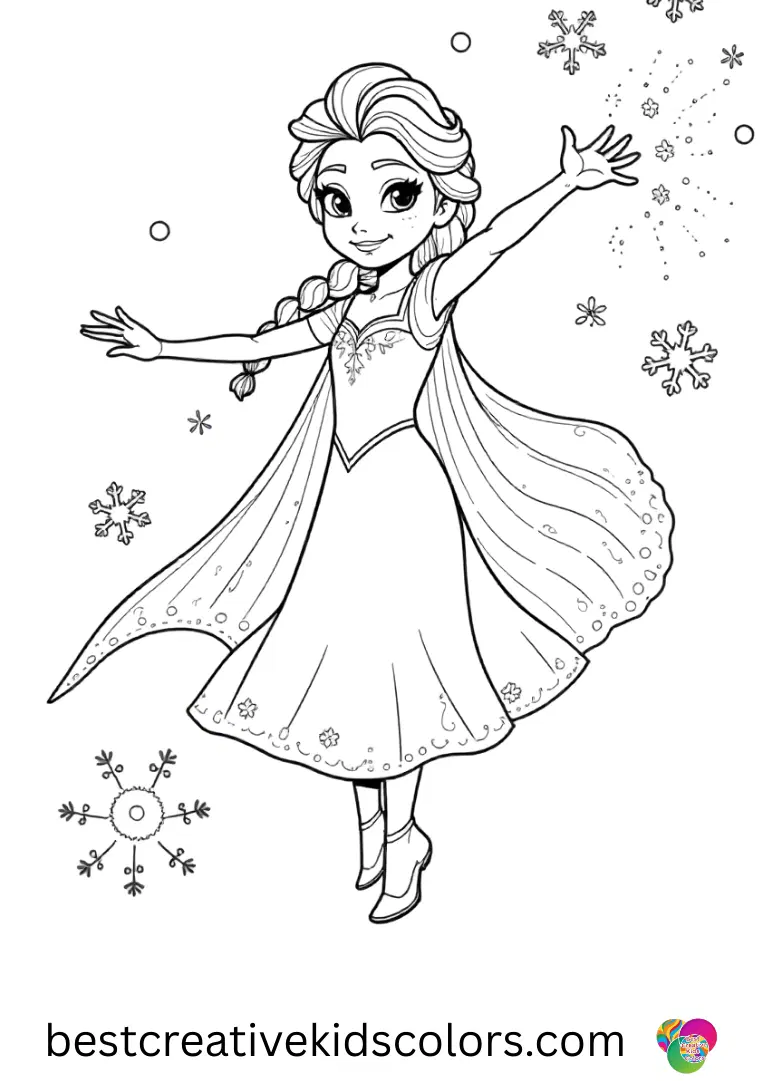 Elsa da colorare e stampare frozen 2 Print Elsa soaring as snowflakes whirl around her magical, bold-outline page.