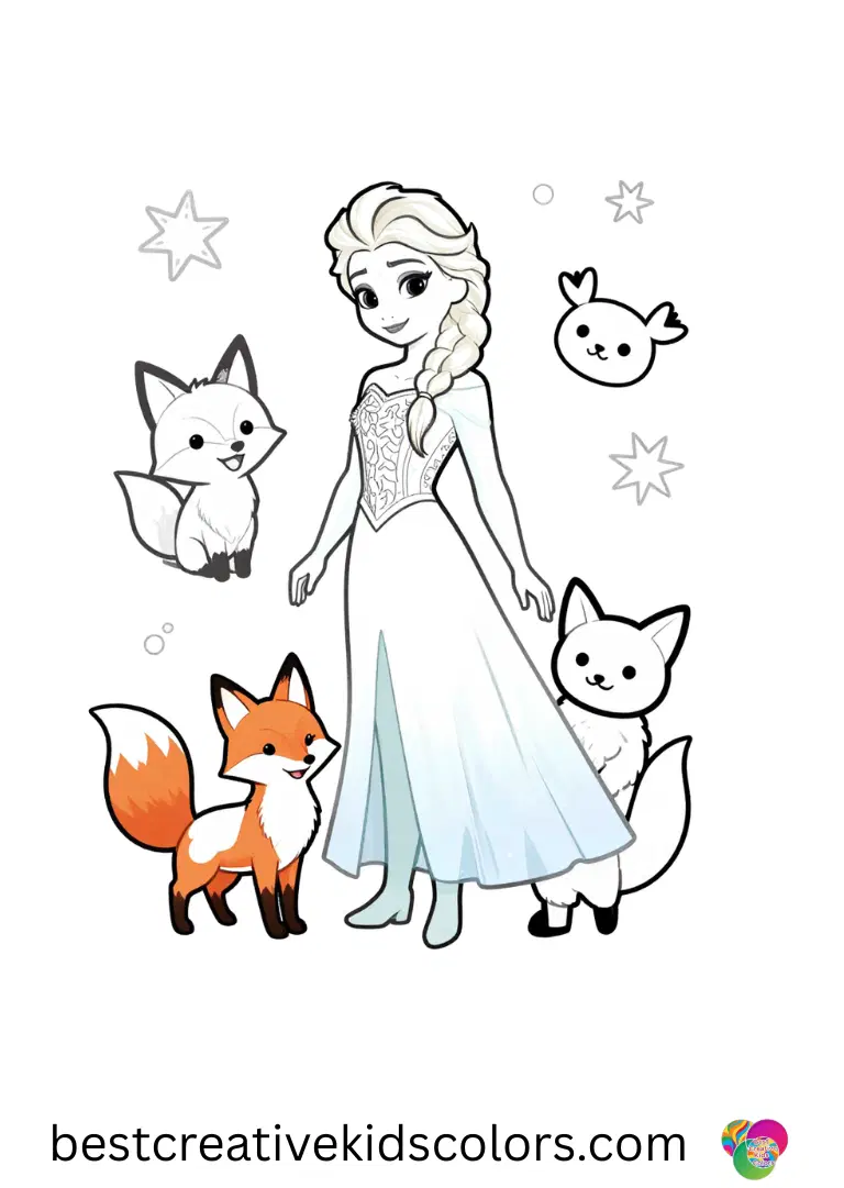 Elsa drawing for kids printable animals Color Elsa playing with snow foxes and friendly winter creatures on clean pages.