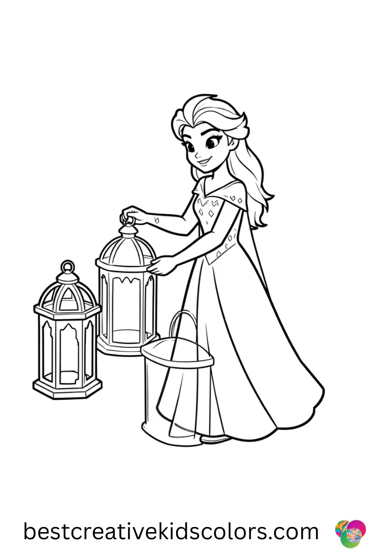 Elsa drawing for kids printable pdf free download Download Elsa arranging ice lanterns in bright, simple outlines.