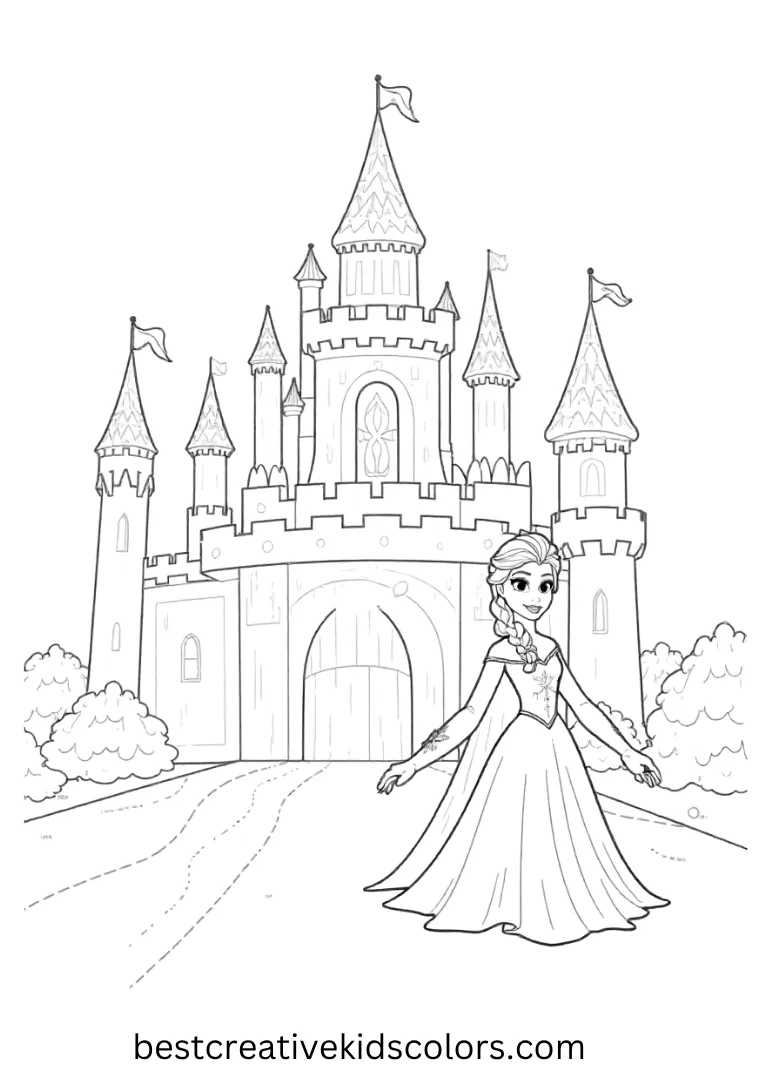 Elsa’s Magical Ice Castle Disney Coloring Page Color Elsa exploring her sparkling ice castle with fun Disney Coloring Pages full of wintery charm and princess magic.