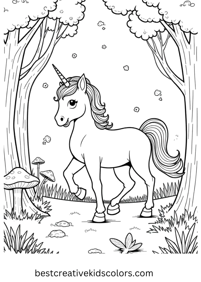 A unicorn wanders through a magical forest filled with glowing mushrooms and fairies — a fun, simple-to-color unicorn sheet.