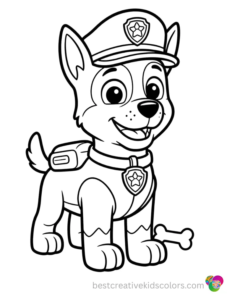 Chase tilts his head happily while barking in a simple, uncluttered scene.