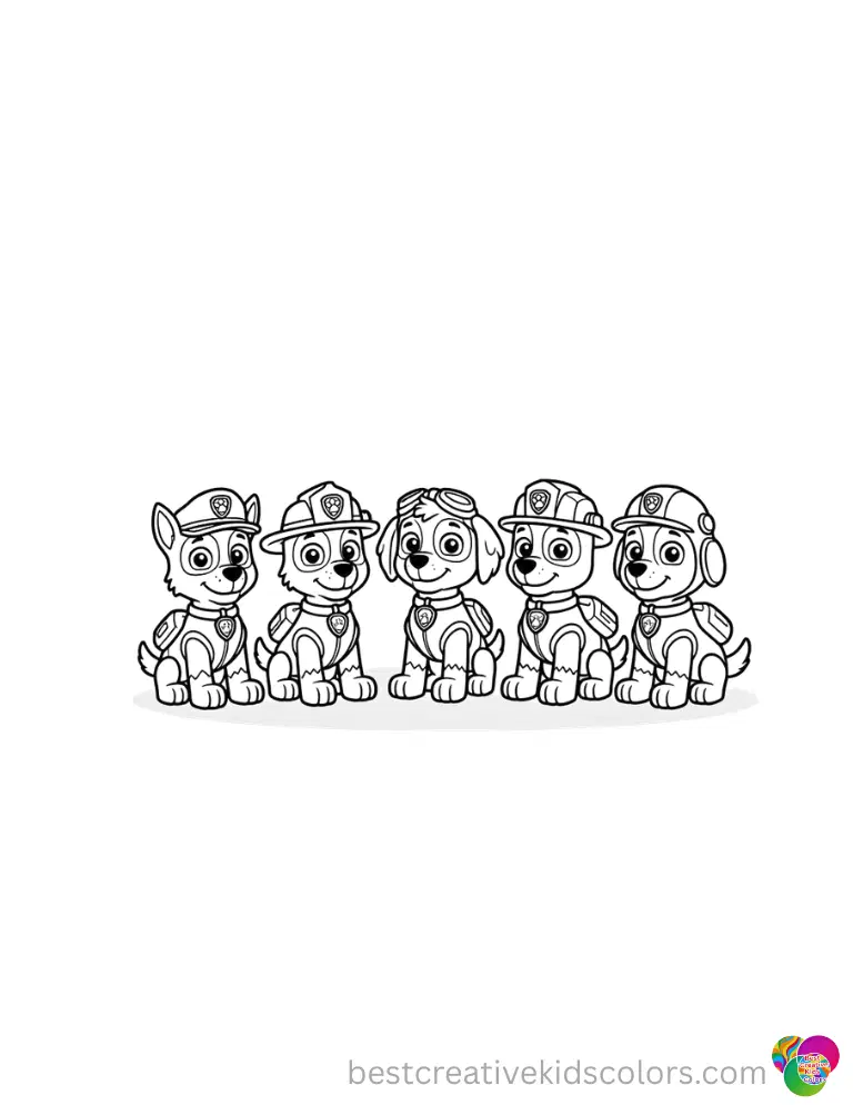 A cleanly outlined group of Paw Patrol pups sitting together in a straight line on a smooth floor.