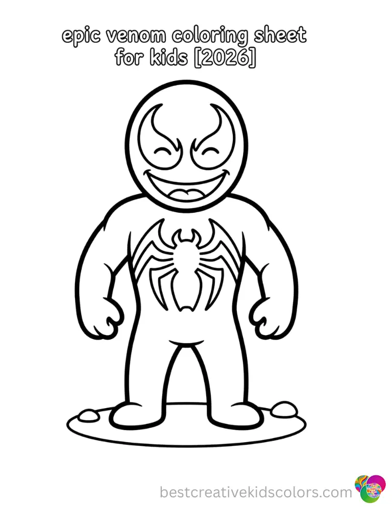 A simple, clean outline of Venom standing proudly with a big friendly smile in open space.