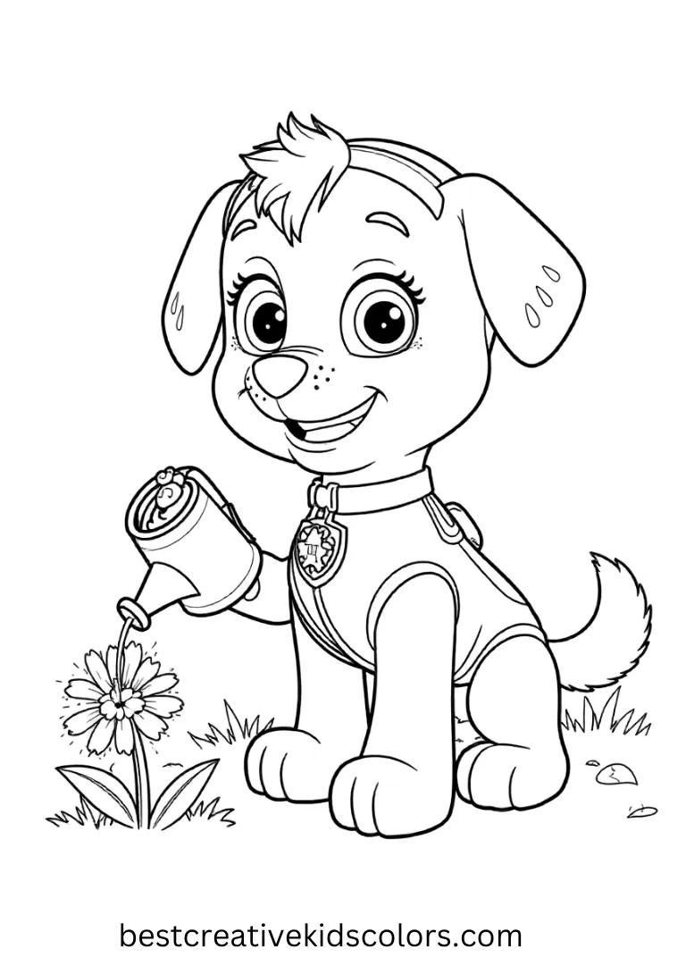Paw Patrol Coloring Page shows watering flowers with a tiny watering can. This paw patrol coloring page is fun to color and enjoy as a paw patrol coloring page!