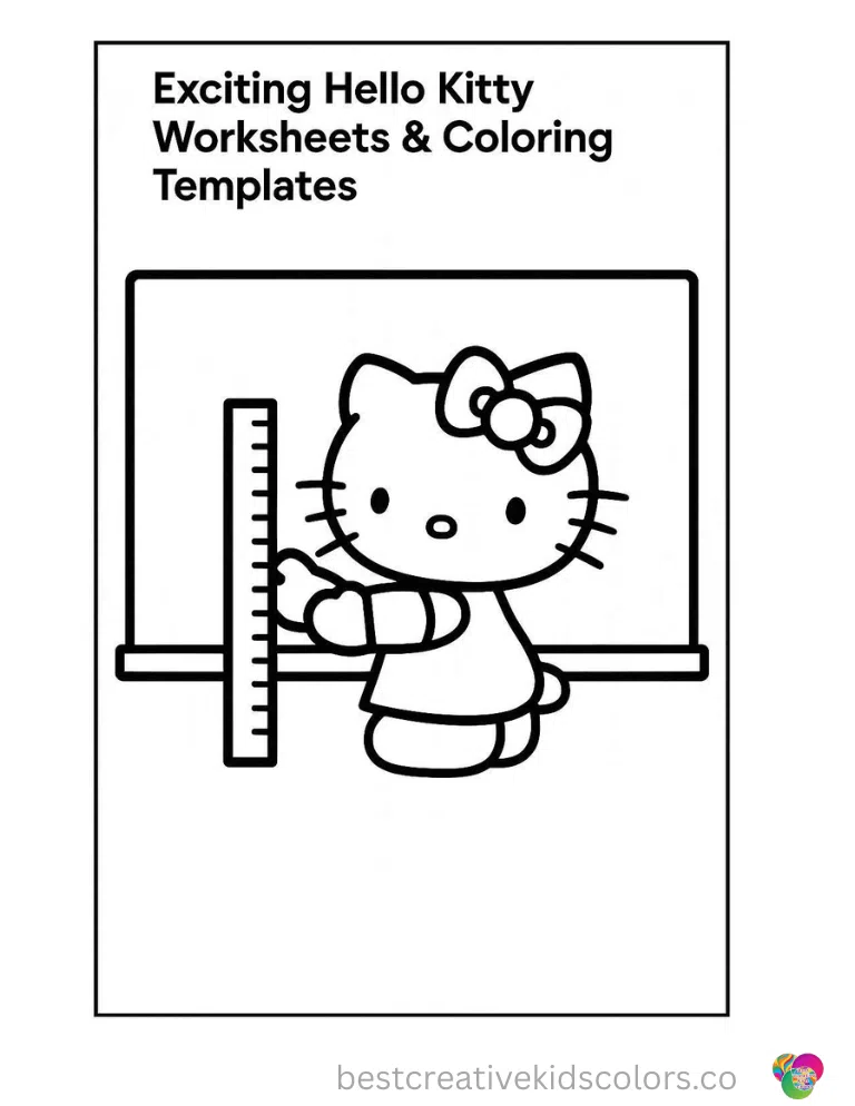 Exciting Hello Kitty Worksheets & Coloring Hello Kitty aligns a yellow wooden ruler against a board.