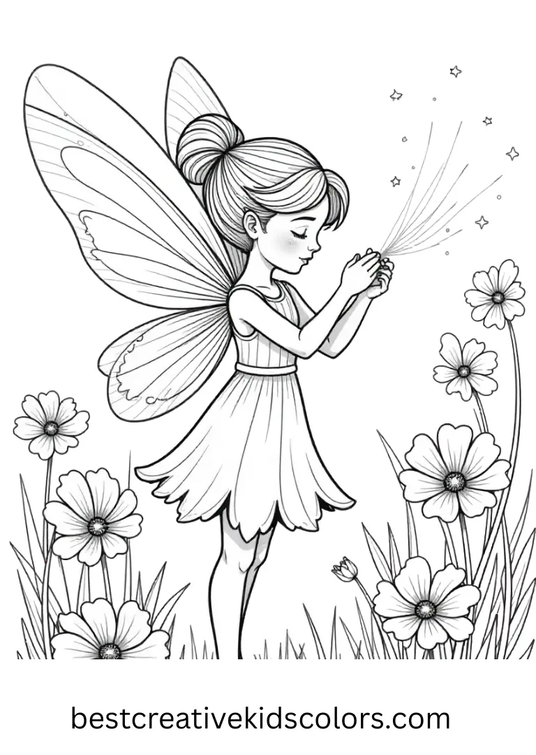Fairy Coloring pages for Adults depicts a fairy weaving glowing threads between delicate flowers.