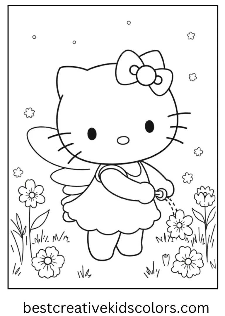 Hello Kitty becomes a cute fairy fluttering her tiny wings while watering glowing flowers.