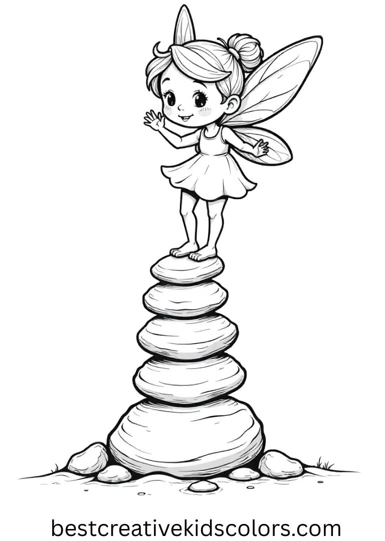 Fairy coloring pages printable shows a fairy stacking glowing stones into a tiny tower.