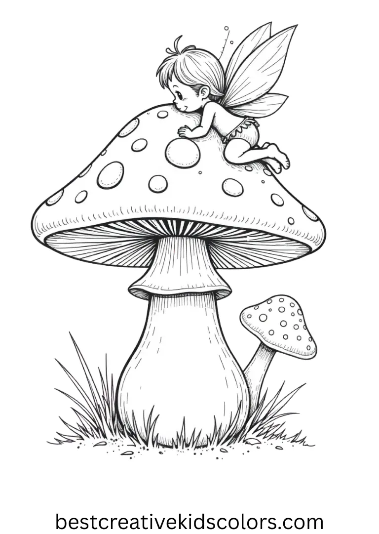 Fairy mushroom coloring page shows a tiny fairy perched on a smiling mushroom.