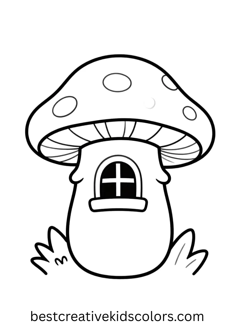 Fairy mushroom house coloring page easy features a fairy peeking from the mushroom window.