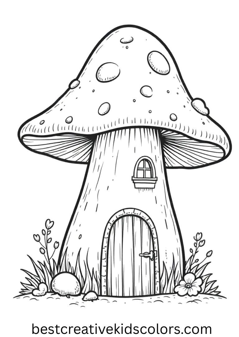 Fairy mushroom house coloring page free shows a mushroom home with curved roof and windows.