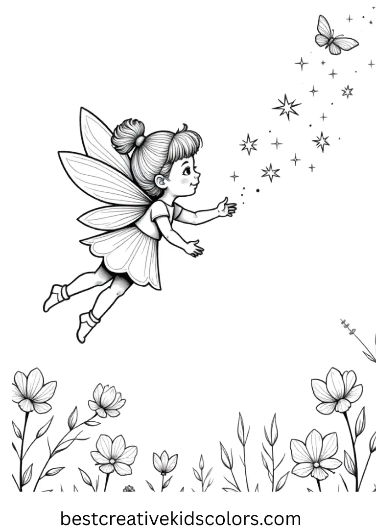 In a simple sky, a tiny fairy sprinkles magic in Fairy tale Colouring Pages.