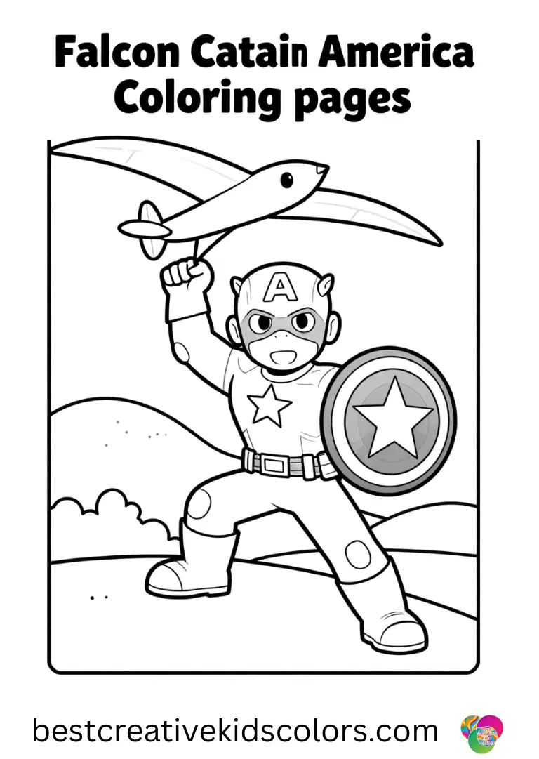 A gentle breeze lifts a tiny toy glider as Falcon Captain America Coloring pages shows him chasing it over hills.