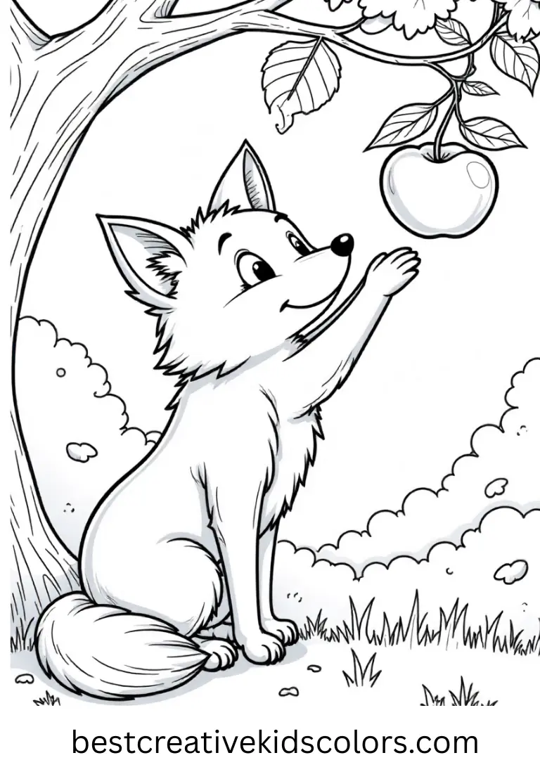 A fox picks a shiny red apple from a branch while Fall Apple Coloring page Printable highlights the orchard.