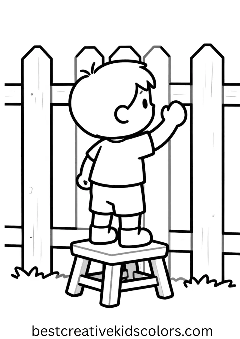 Fall Coloring Pages shows a child painting a wooden fence under a bright autumn sky.