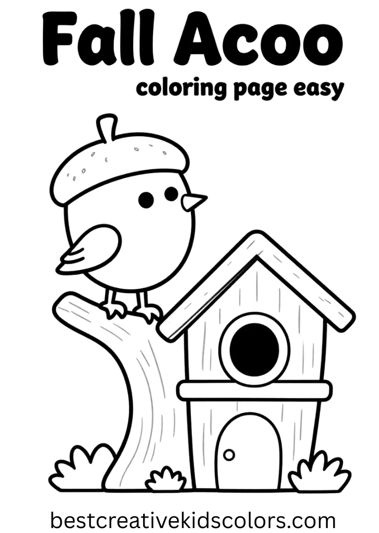  Fall acorn coloring page easy shows a bird perched on a branch beside a cozy treehouse.