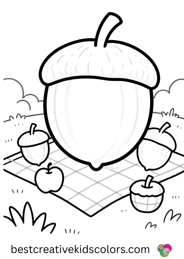 Fall acorn coloring page for adults features a picnic scene with fruits and blankets in a meadow.