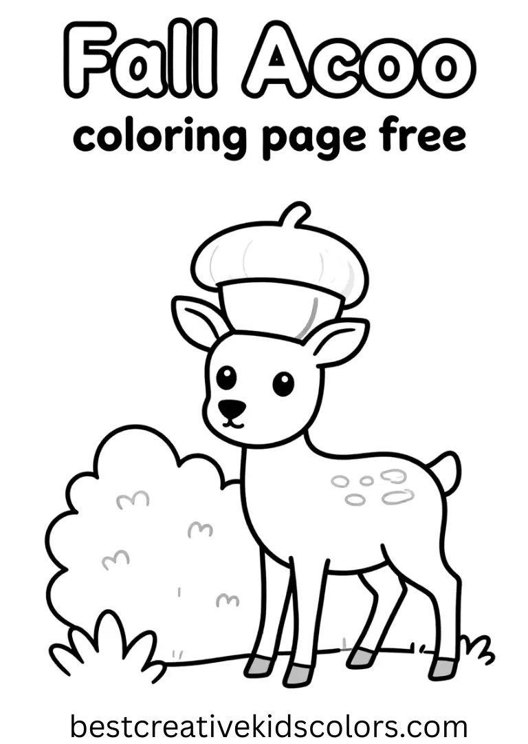 Fall acorn coloring page free shows a deer peeking from behind a bush in the forest.