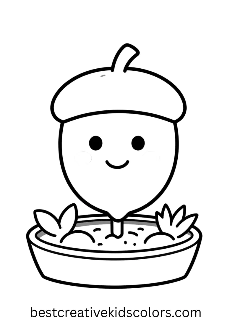 Fall acorn coloring page pdf free download depicts a child planting seeds in a small garden bed.