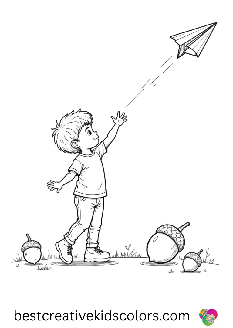 Fall acorn coloring page pdf free shows a child flying paper airplanes across a backyard.