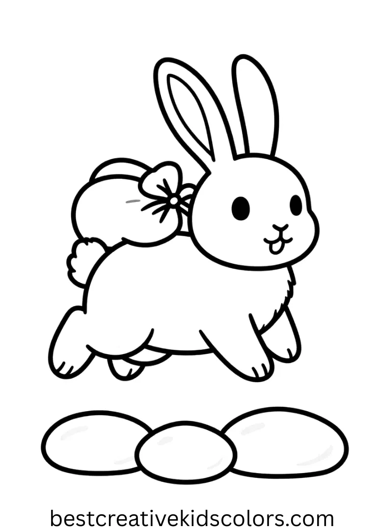 Fall acorn coloring page pdf depicts a rabbit hopping across stones with a tiny bundle.