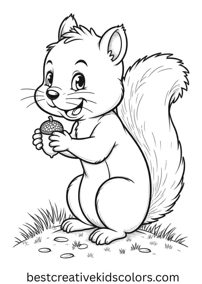 Fall acorn coloring page printable shows a squirrel carefully stacking acorns under a tree.