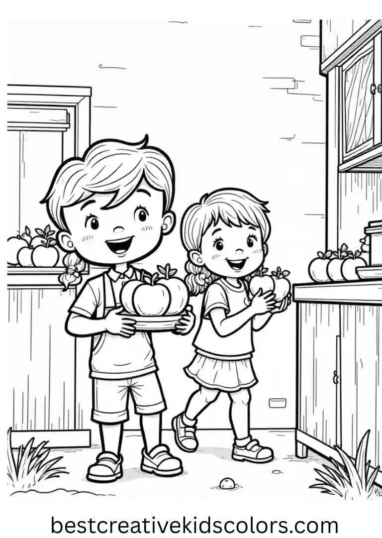 Children carefully carry apples into a rustic kitchen in Fall apple pie coloring page free.