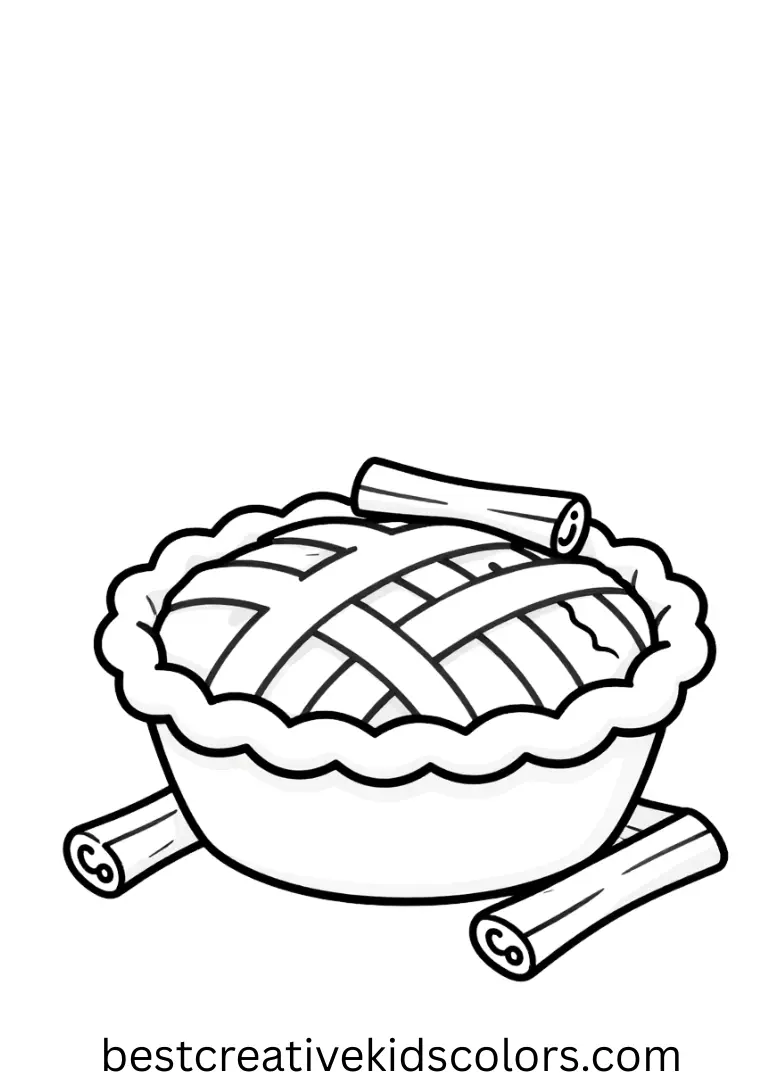 Fall apple pie coloring page printable shows a child arranging cinnamon sticks around a steaming pie.